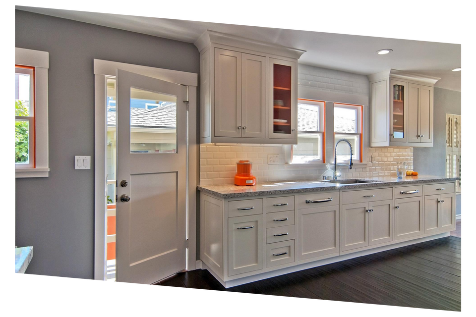 Kitchen cabinet refresh in Novato by MoonDance Painting — white cabinets with orange accent shelving and mosaic tile backsplash